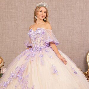 NEW OFF THE SHOULDER MESH DRESS WITH FLORAL APPLIQUE AND LACE UP BACK GL3172